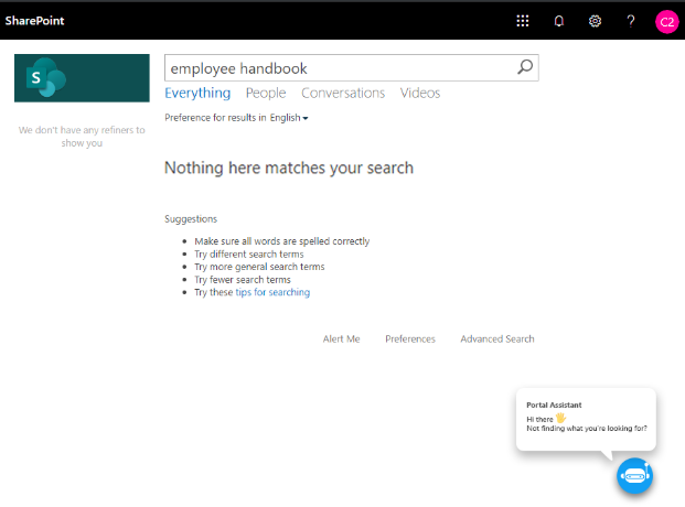 A chatbot triggered by CardioLog Engage to assist a user who is having issues with search