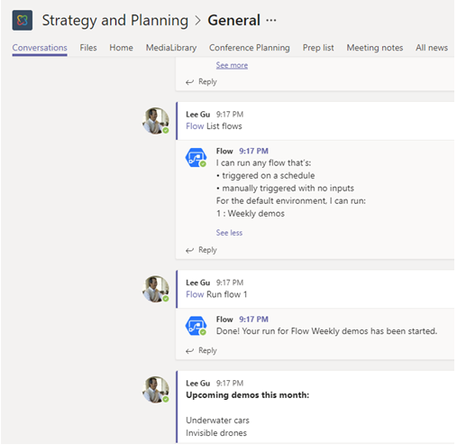 The Flow Bot in Microsoft Teams allows triggering custom or template-based Microsoft Flows via chat.